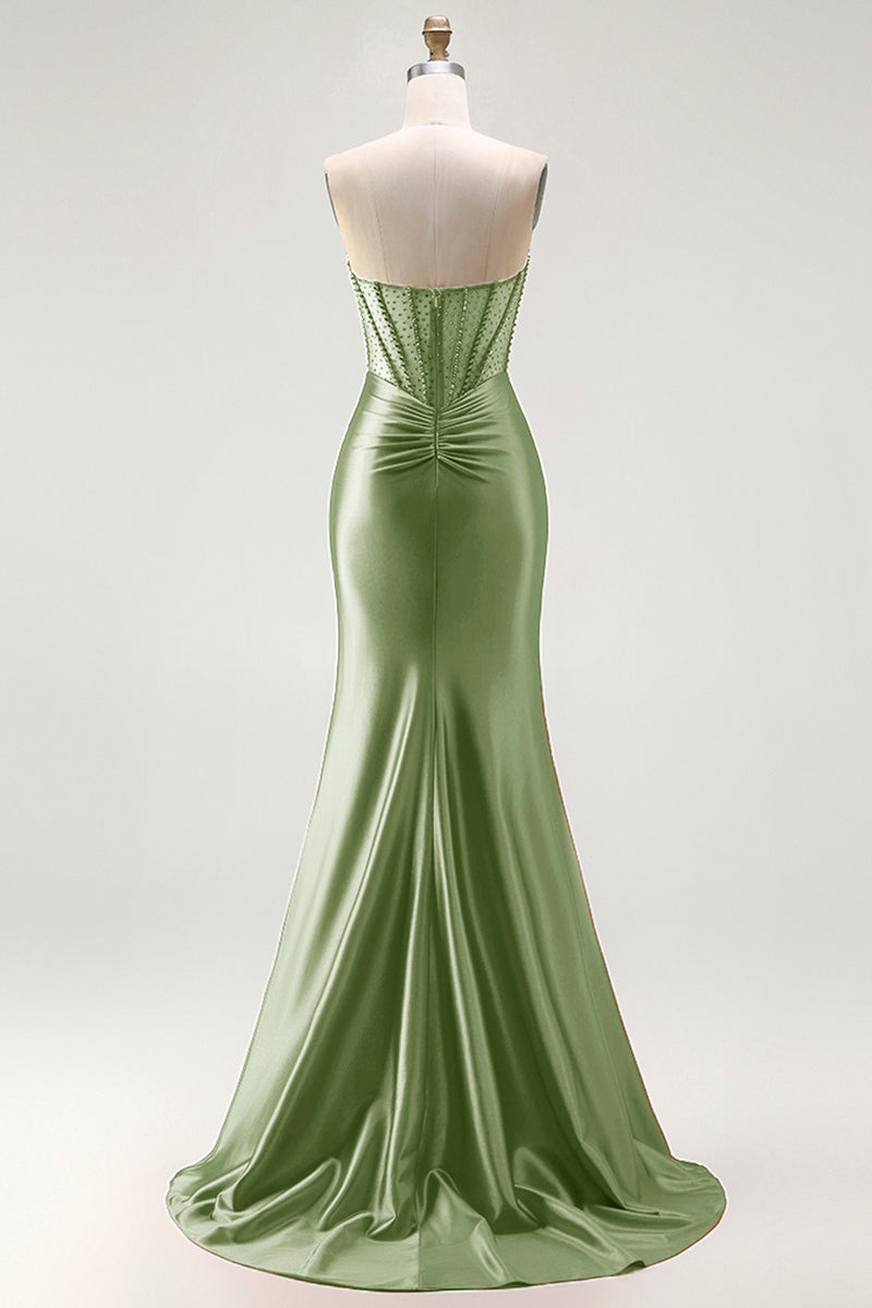 Laden Sie das Bild in den Galerie-Viewer, Rotes Trägerloses Meerjungfrauen Korsett Gerafftes Satin Langes Ballkleid mit Schlitz