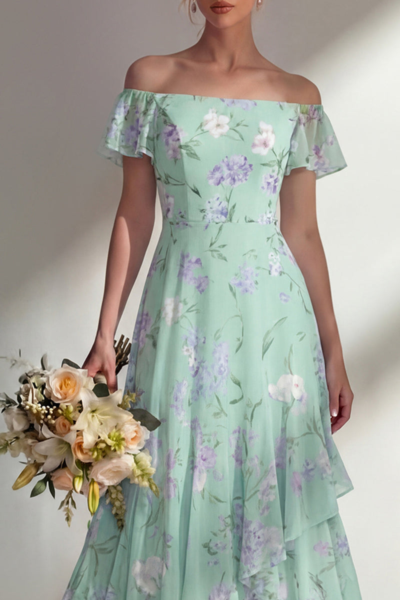 Laden Sie das Bild in den Galerie-Viewer, Grünes langes Brautjungfernkleid mit A-Linien-Chiffon mit Off-the-shoulder-Muster und Rüschen