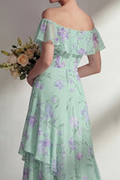 Laden Sie das Bild in den Galerie-Viewer, Grünes langes Brautjungfernkleid mit A-Linien-Chiffon mit Off-the-shoulder-Muster und Rüschen