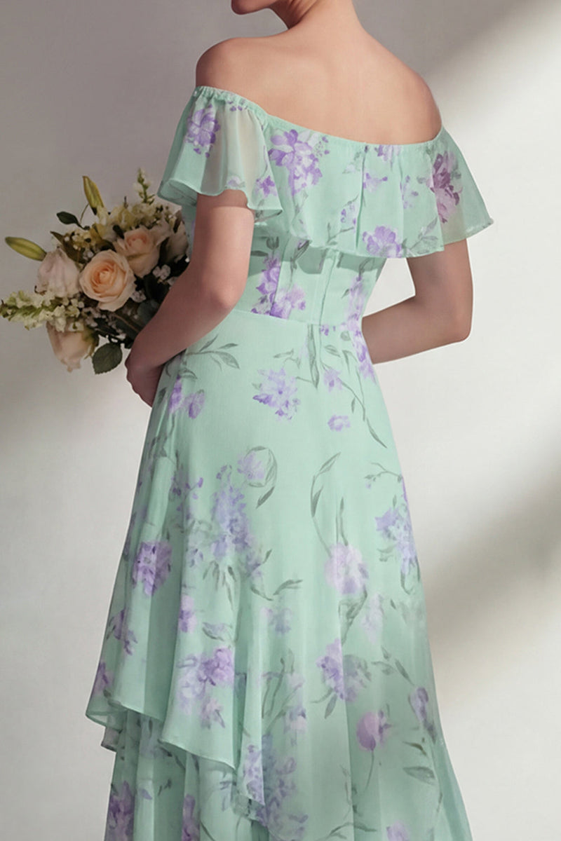 Laden Sie das Bild in den Galerie-Viewer, Grünes langes Brautjungfernkleid mit A-Linien-Chiffon mit Off-the-shoulder-Muster und Rüschen