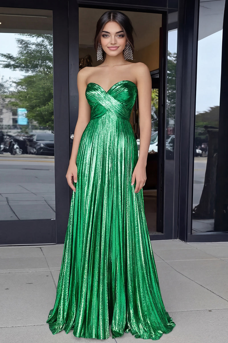 Laden Sie das Bild in den Galerie-Viewer, Gold Langes A-Linie Herzausschnitt Metallic Plissee Ballkleid mit Falten