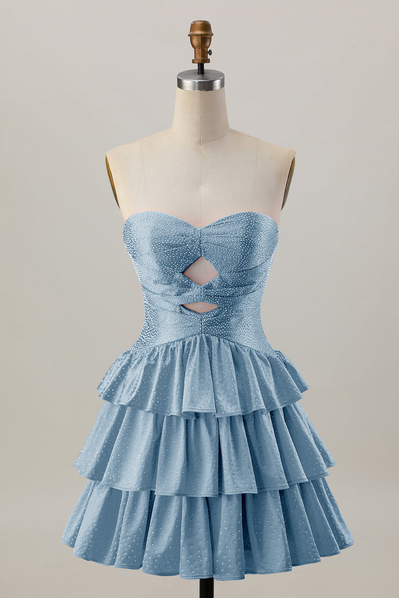 Laden Sie das Bild in den Galerie-Viewer, Orange A-Linie Trägerloses Gestuftes Abiballkleid mit Perlenstickerei