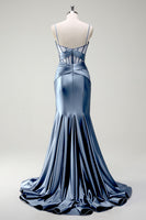 Laden Sie das Bild in den Galerie-Viewer, Königsblaues Meerjungfrau Spaghettiträger Satin Korsett Langes Ballkleid mit Schlitz