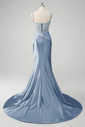 Blaue Meerjungfrau Spaghettiträger Korsett Appliziertes Ballkleid