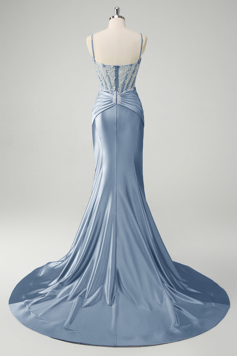 Laden Sie das Bild in den Galerie-Viewer, Blaue Meerjungfrau Spaghettiträger Korsett Appliziertes Ballkleid