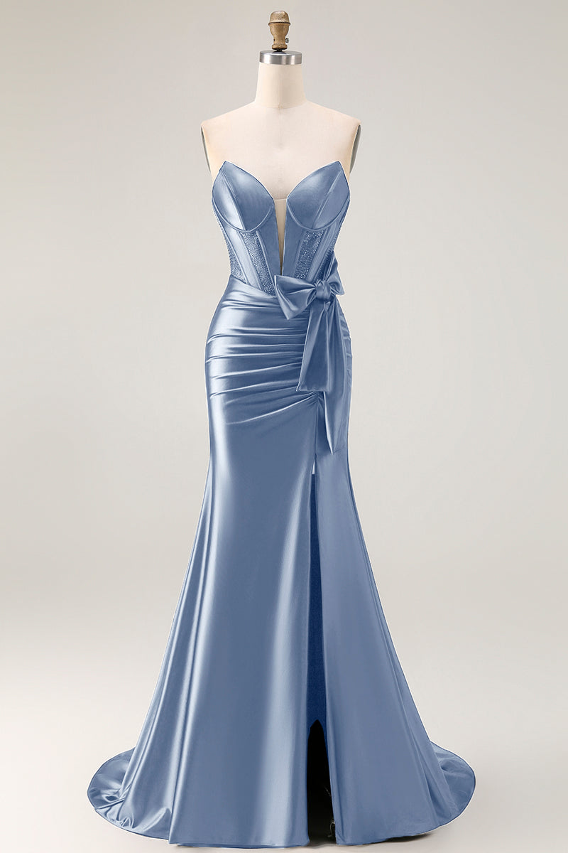 Laden Sie das Bild in den Galerie-Viewer, Marineblaues Meerjungfrau Trägerloses Perlenbesetztes Korsett Abendkleid mit Rüschen und Schleife