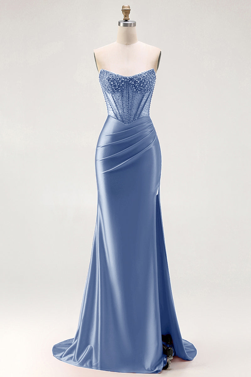 Laden Sie das Bild in den Galerie-Viewer, Rotes Trägerloses Meerjungfrauen Korsett Gerafftes Satin Langes Ballkleid mit Schlitz