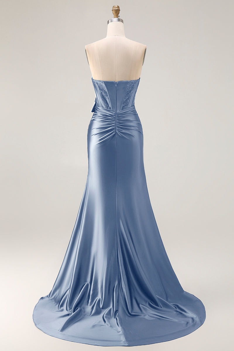Laden Sie das Bild in den Galerie-Viewer, Marineblaues Meerjungfrau Trägerloses Perlenbesetztes Korsett Abendkleid mit Rüschen und Schleife