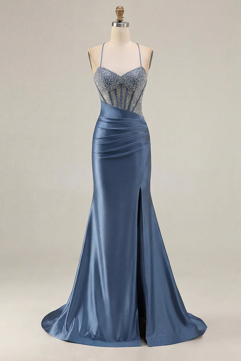 Laden Sie das Bild in den Galerie-Viewer, Rosa Perlen Meerjungfrauen Spaghettiträger Korsett Gerafftes Langes Ballkleid mit Schlitz