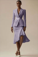 Laden Sie das Bild in den Galerie-Viewer, Elfenbein 2-teiliges Midi Arbeitskleid mit spitzem Revers und Rüschen