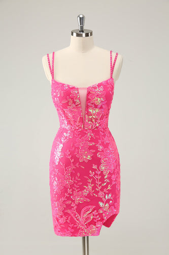 Wunderschönes Hot Pink Bodycon Kurzes Abiballkleid mit Schlitz