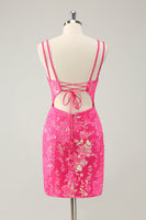 Laden Sie das Bild in den Galerie-Viewer, Wunderschönes Hot Pink Bodycon Kurzes Abiballkleid mit Schlitz