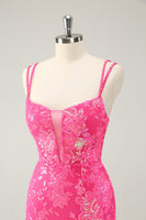 Laden Sie das Bild in den Galerie-Viewer, Wunderschönes Hot Pink Bodycon Kurzes Abiballkleid mit Schlitz