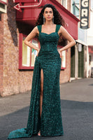 Laden Sie das Bild in den Galerie-Viewer, Glitzerndes dunkelgrünes Etui Pailletten Plissee Langes Ballkleid mit Schlitz