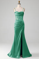 Laden Sie das Bild in den Galerie-Viewer, Salbeigrünes Spaghettiträger Satin Plissee Meerjungfrau Korsett Ballkleid