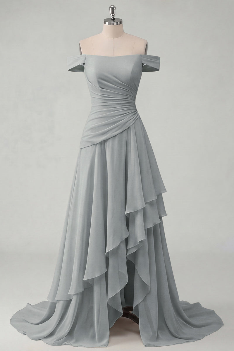 Laden Sie das Bild in den Galerie-Viewer, Schulterfreies Chiffon Buttergelbes A-Linie Gerafftes Maxikleid mit Schlitz