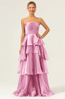 Laden Sie das Bild in den Galerie-Viewer, Dunkelblaues Langes A-Linie Trägerloses Gestuftes Satin Ballkleid