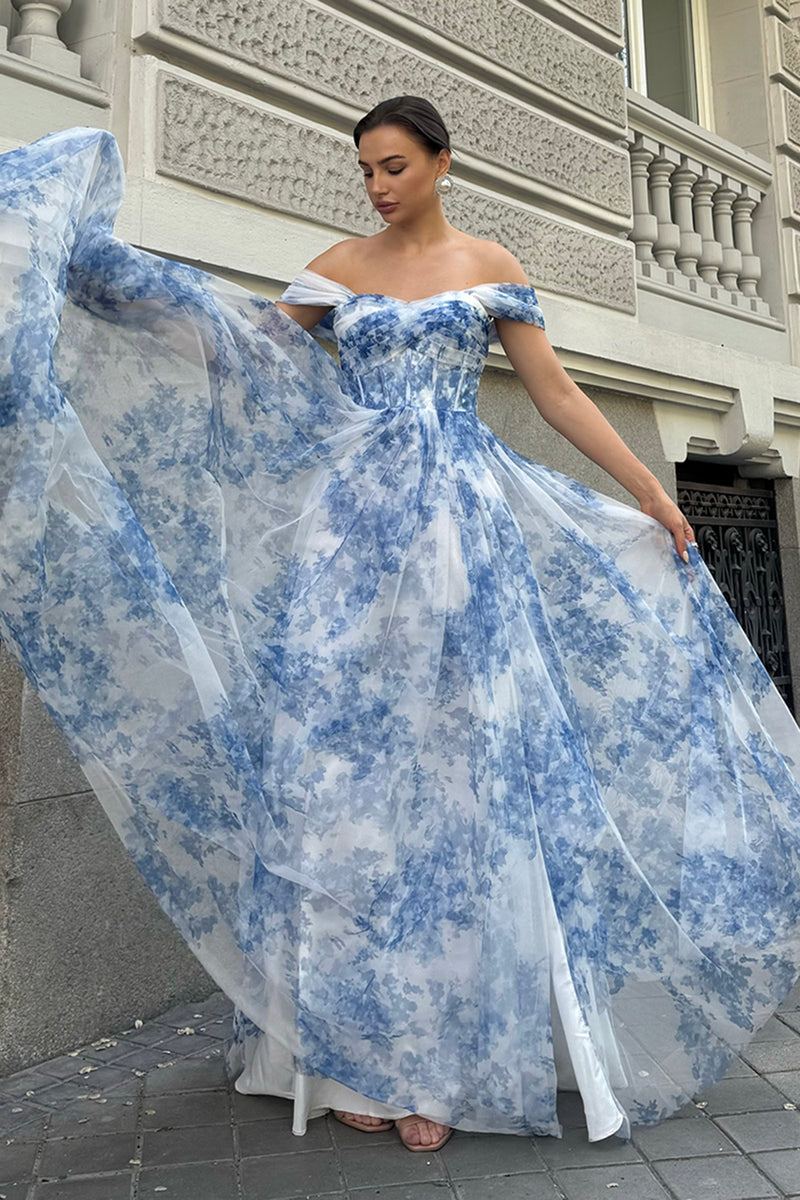 Laden Sie das Bild in den Galerie-Viewer, Weiß Blau Blume Schulterfreies Langes Brautjungfernkleid mit Schlitz