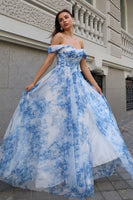 Laden Sie das Bild in den Galerie-Viewer, Weiß Blau Blume Schulterfreies Langes Brautjungfernkleid mit Schlitz