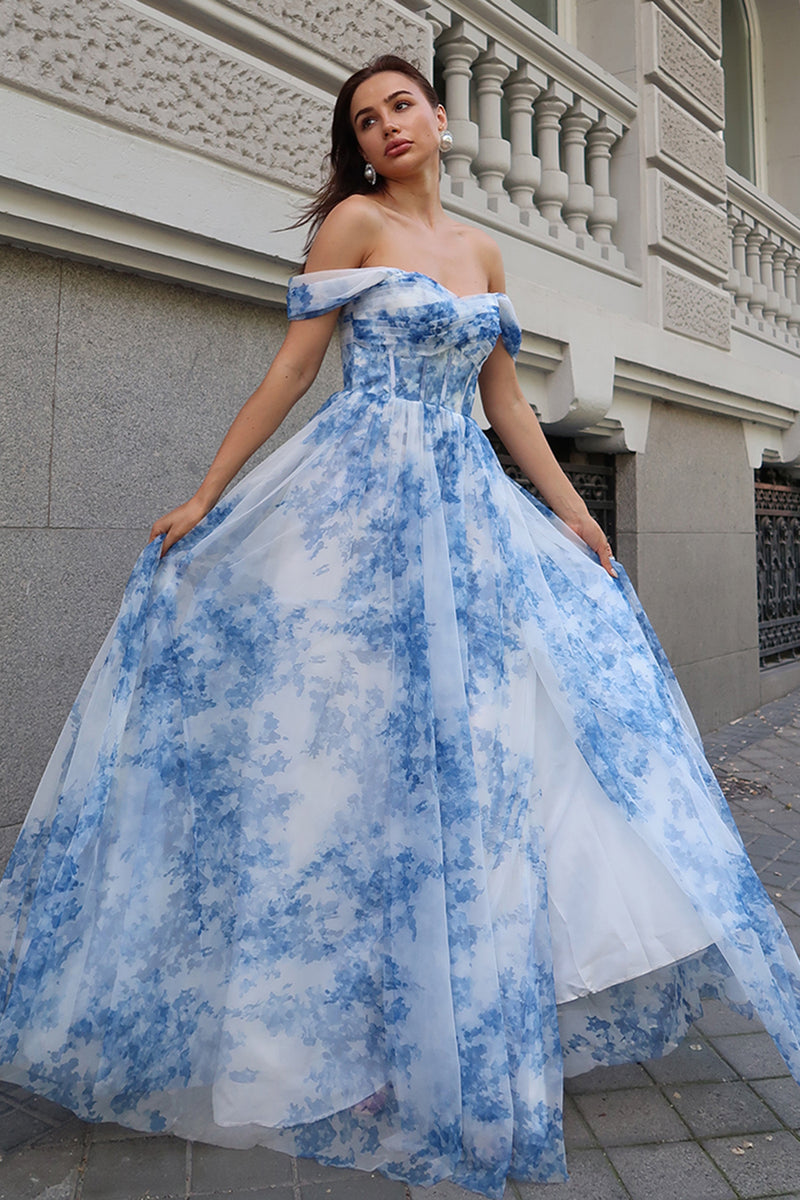 Laden Sie das Bild in den Galerie-Viewer, Weiß Blau Blume Schulterfreies Langes Brautjungfernkleid mit Schlitz