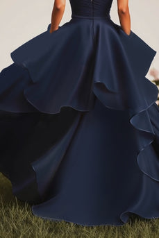 A Linie Herzausschnitt Marineblaues Ballkleid mit Rüschen und Schlitz