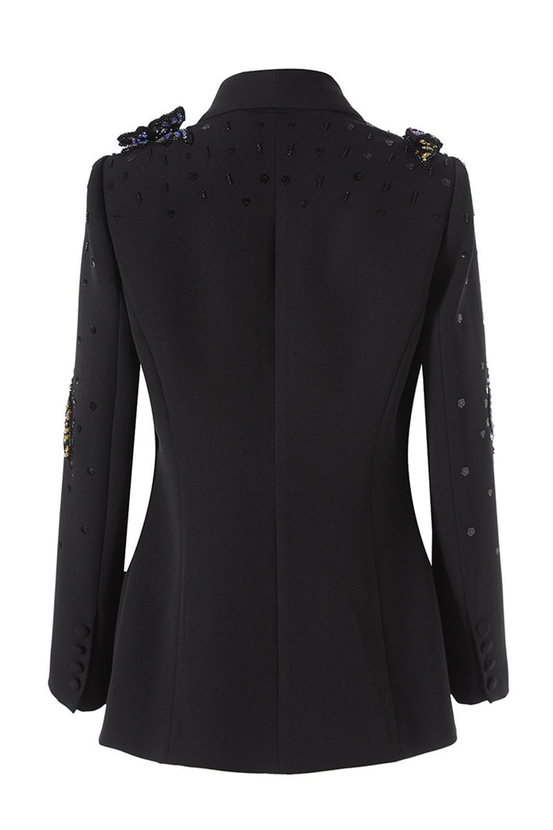 Laden Sie das Bild in den Galerie-Viewer, Schwarzer Bestückter Einknopf Schalblazer mit Revers