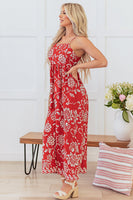 Laden Sie das Bild in den Galerie-Viewer, Rotes Sommerkleid mit Blumenmuster und Spaghettiträgern in A-Linie