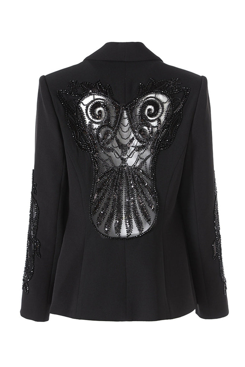 Laden Sie das Bild in den Galerie-Viewer, Schwarzer Einknopf Pailletten Schal Revers Blazer mit Perlen