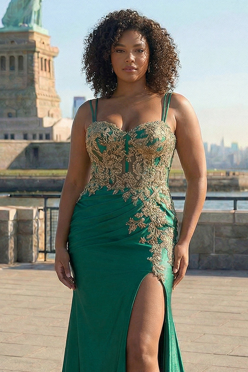 Laden Sie das Bild in den Galerie-Viewer, Dunkelgrünes Meerjungfrauen Paillettenbesetztes Plus-Size Langes Ballkleid mit Schlitz