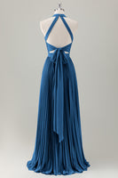 Laden Sie das Bild in den Galerie-Viewer, Grau Blau A-Linie Neckholder Langes Brautjungfernkleid mit Schlitz