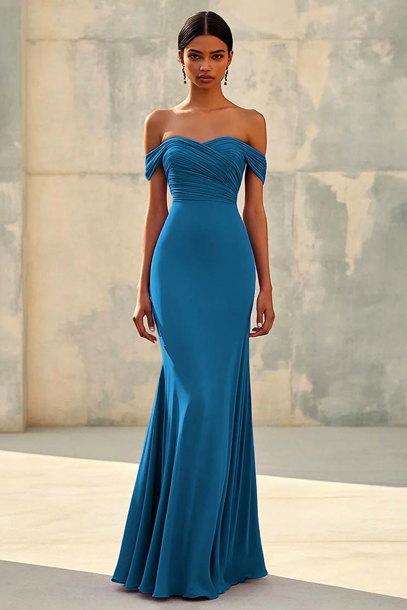 Laden Sie das Bild in den Galerie-Viewer, Meerjungfrau Schulterfreies Lila Chiffon Langes Abendkleid