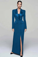 Laden Sie das Bild in den Galerie-Viewer, Schwarzes Zweireihiges Damen Blazerkleid mit Schlitz mit Spitzrevers