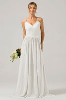 Laden Sie das Bild in den Galerie-Viewer, Eukalyptus Grünes Boho Chiffon Langes Brautjungfernkleid mit offenem Rücken und Spitze