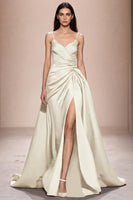 Laden Sie das Bild in den Galerie-Viewer, Dunkelblaues Spaghettiträgern Abendkleid aus Satin in A-Linie mit Schlitz