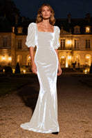 Laden Sie das Bild in den Galerie-Viewer, Marineblaues Meerjungfrau Quadratischer Ausschnitt Puffärmel Samt Langes Ballkleid