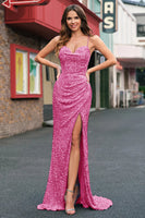 Laden Sie das Bild in den Galerie-Viewer, Funkelndes Pailletten Meerjungfrau Hellblaues Ballkleid mit Schlitz