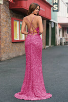 Laden Sie das Bild in den Galerie-Viewer, Funkelndes Pailletten Meerjungfrau Hellblaues Ballkleid mit Schlitz