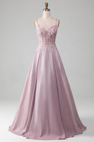 Laden Sie das Bild in den Galerie-Viewer, Glitzer Spaghettiträger Blush Abschlussballkleid mit Perlen