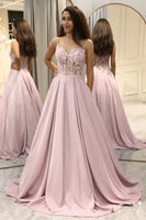 Laden Sie das Bild in den Galerie-Viewer, Glitzer Spaghettiträger Blush Abschlussballkleid mit Perlen