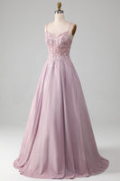 Laden Sie das Bild in den Galerie-Viewer, Glitzer Spaghettiträger Blush Abschlussballkleid mit Perlen
