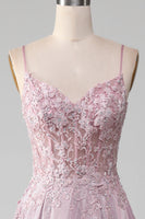 Laden Sie das Bild in den Galerie-Viewer, Glitzer Spaghettiträger Blush Abschlussballkleid mit Perlen