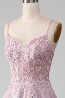 Laden Sie das Bild in den Galerie-Viewer, Glitzer Spaghettiträger Blush Abschlussballkleid mit Perlen
