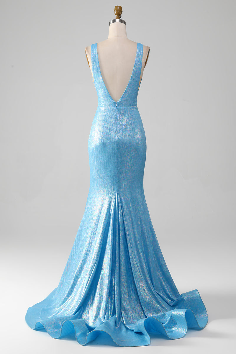 Laden Sie das Bild in den Galerie-Viewer, Blaues Meerjungfrauen Ballkleid mit Glitzer und V-Ausschnitt