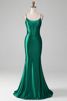 Laden Sie das Bild in den Galerie-Viewer, Dunkelgrünes Ballkleid aus Satin Meerjungfrau mit Schnürrücken und Korsett