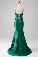 Laden Sie das Bild in den Galerie-Viewer, Dunkelgrünes Ballkleid aus Satin Meerjungfrau mit Schnürrücken und Korsett