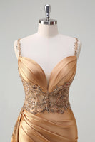 Laden Sie das Bild in den Galerie-Viewer, Glitzerndes Champagner Meerjungfrau Korsett Pailletten Satin Ballkleid mit Schlitz