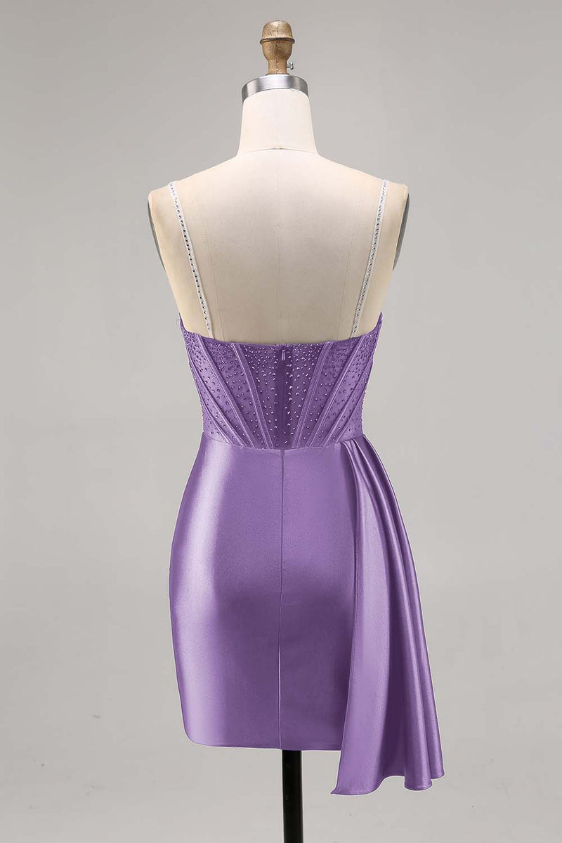 Laden Sie das Bild in den Galerie-Viewer, Marineblaues Satin Korsett Cocktailkleid mit Perlen und Schärpe