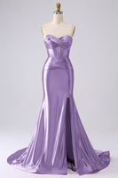 Laden Sie das Bild in den Galerie-Viewer, Fuchsia Trägerloses Satin Meerjungfrauen Korsett Langes Übergröße Ballkleid mit Schlitz