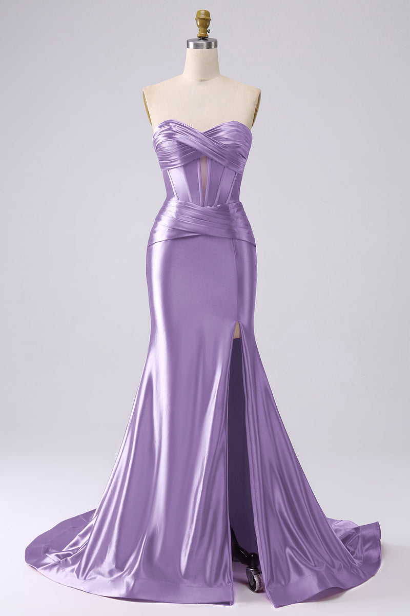 Laden Sie das Bild in den Galerie-Viewer, Fuchsia Trägerloses Satin Meerjungfrauen Korsett Langes Übergröße Ballkleid mit Schlitz