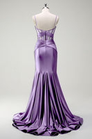 Laden Sie das Bild in den Galerie-Viewer, Königsblaues Meerjungfrau Spaghettiträger Satin Korsett Langes Ballkleid mit Schlitz